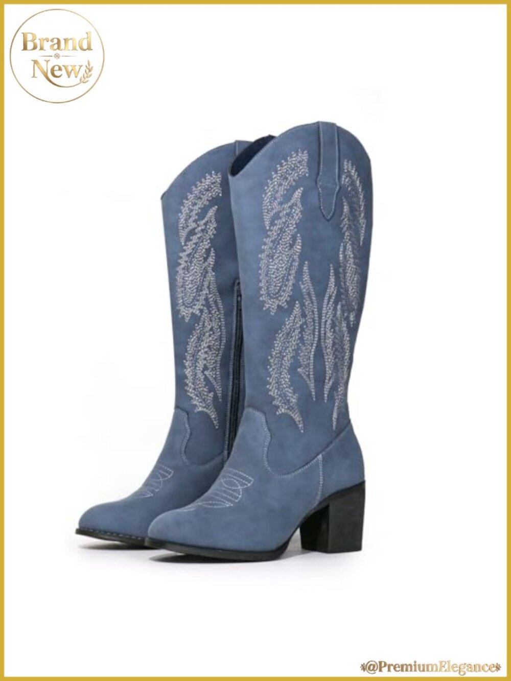 Women's Embroidered Western Cowboy Boots Chunky Block Heel Side Zipper Mid Calf